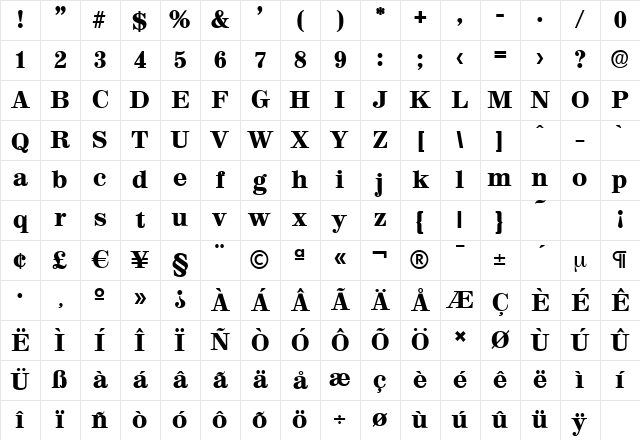 ValenciaSerial-Heavy Regular Character Map
