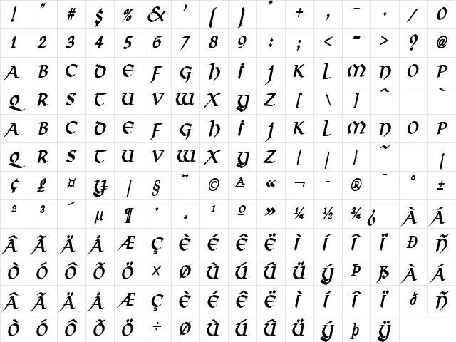 Valhalla Condensed BoldItalic Character Map Valhalla Condensed BoldItalic Character Map