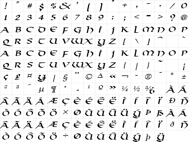 Valhalla Wide Italic Character Map Valhalla Wide Italic Character Map