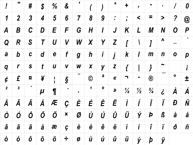 Arial Narrow Bold Italic Regular Character Map