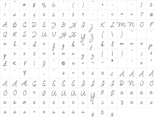 VelvetScript Regular Character Map