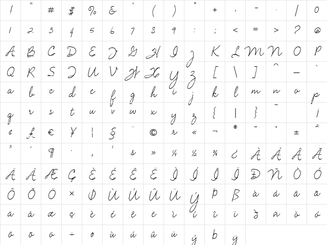 VelvetScript Regular Character Map
