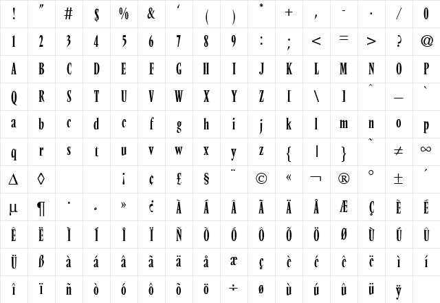 VendomeCondTwo DB Regular Character Map
