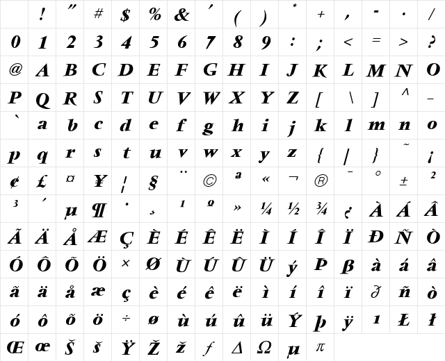 VendomeICG Bold Italic Character Map VendomeICG Bold Italic Character Map