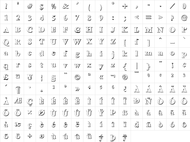 VenturaShadow-Bold Regular Character Map