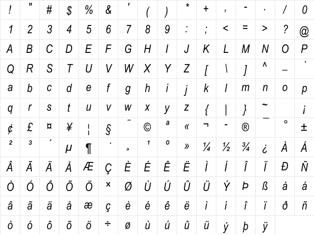 Arial Narrow Italic Regular Character Map