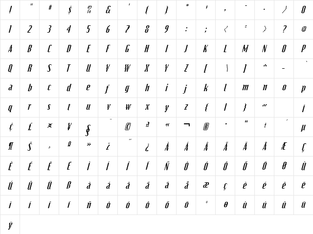 VideoCondSSK Italic Character Map