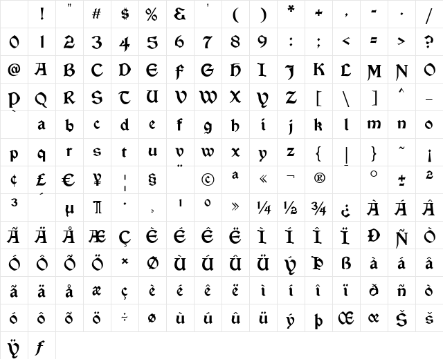 Vinque Regular Character Map Vinque Regular Character Map