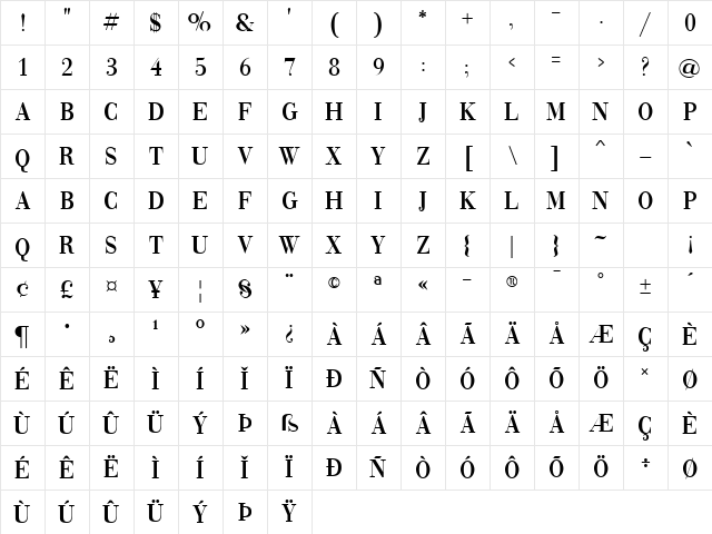 Vogue Regular Character Map
