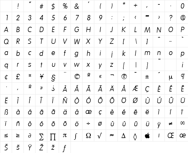 Volkswagen-Serial-Light RegularItalic Character Map