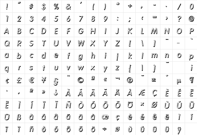 VolkswagenShadow Italic Character Map VolkswagenShadow Italic Character Map
