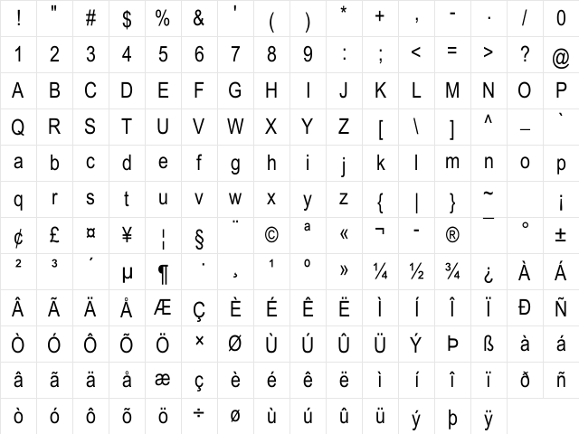 Arial Narrow Regular Character Map